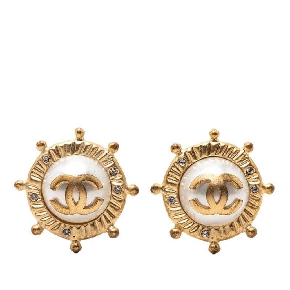 Chanel CC Logo Rhinestone Faux Pearl Clip-On Earrings Gold Plated